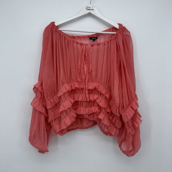 Black Ruffle Coral Pink Sheer Blouse Size Medium Y2k Style - Picture 1 of 8